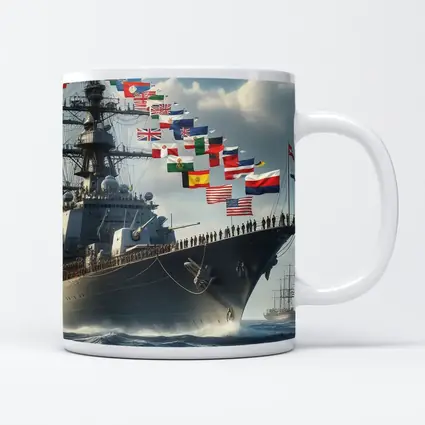 Navy Warship Sailing Ocean With International Flags