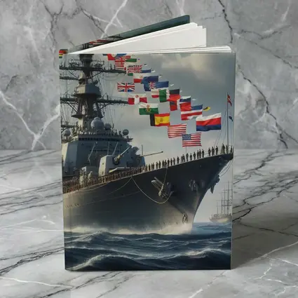 Navy Warship Sailing Ocean With International Flags