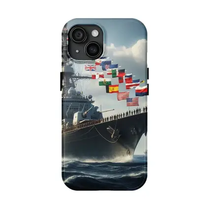 Navy Warship Sailing Ocean With International Flags