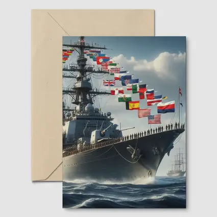 Navy Warship Sailing Ocean With International Flags