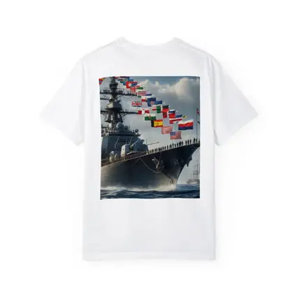 Navy Warship Sailing Ocean With International Flags