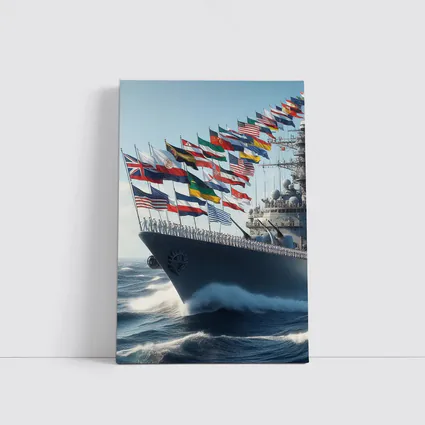 Navy Warship Sailing With International Flags