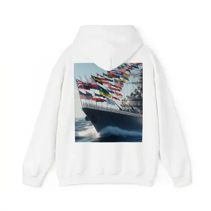 Navy Warship Sailing With International Flags