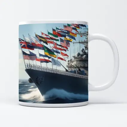 Navy Warship Sailing With International Flags