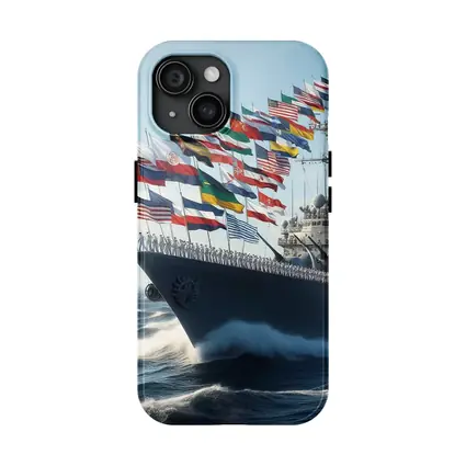 Navy Warship Sailing With International Flags
