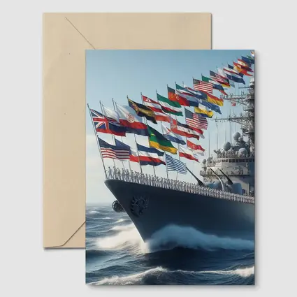 Navy Warship Sailing With International Flags