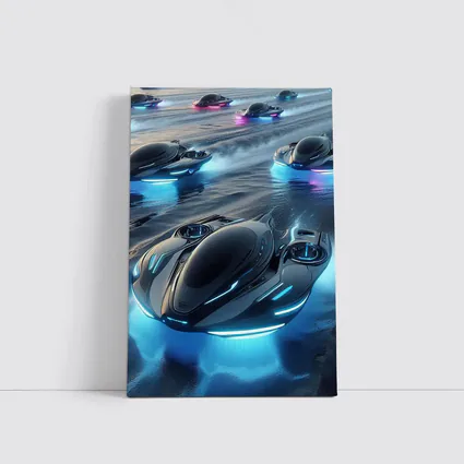 Futuristic Hovercrafts Racing Over Water Surface
