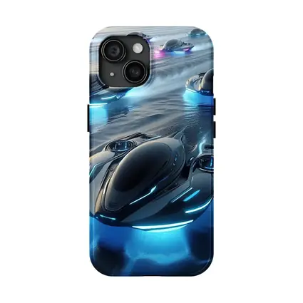 Futuristic Hovercrafts Racing Over Water Surface