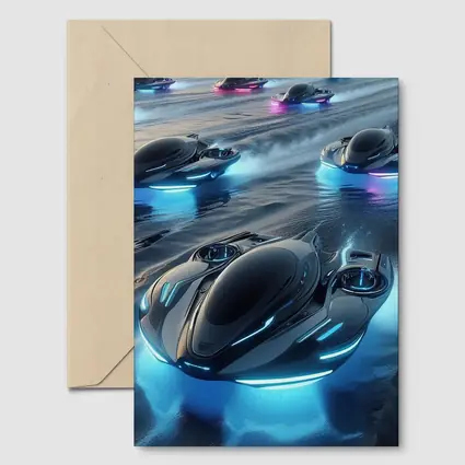 Futuristic Hovercrafts Racing Over Water Surface