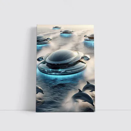 Futuristic Flying Saucers Hovering Over Ocean Dolphins