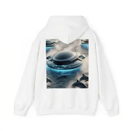 Futuristic Flying Saucers Hovering Over Ocean Dolphins