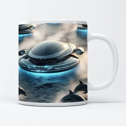 Futuristic Flying Saucers Hovering Over Ocean Dolphins
