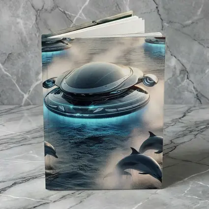 Futuristic Flying Saucers Hovering Over Ocean Dolphins