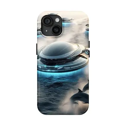 Futuristic Flying Saucers Hovering Over Ocean Dolphins