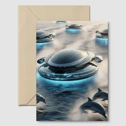 Futuristic Flying Saucers Hovering Over Ocean Dolphins