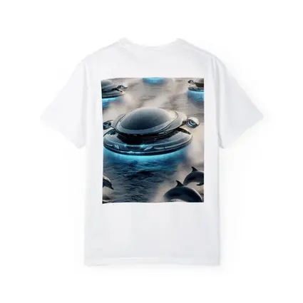 Futuristic Flying Saucers Hovering Over Ocean Dolphins