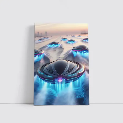 Futuristic UFO Fleet Over Neon Ocean