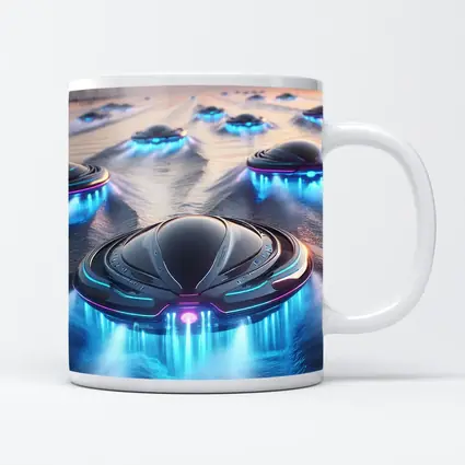 Futuristic UFO Fleet Over Neon Ocean