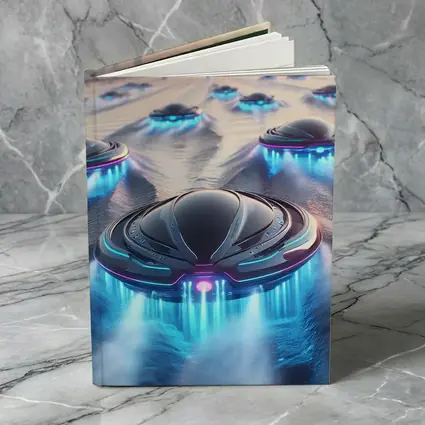Futuristic UFO Fleet Over Neon Ocean