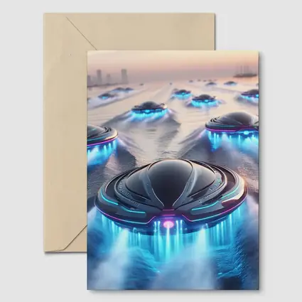 Futuristic UFO Fleet Over Neon Ocean
