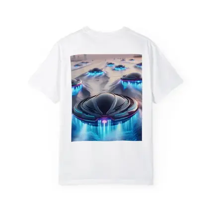 Futuristic UFO Fleet Over Neon Ocean