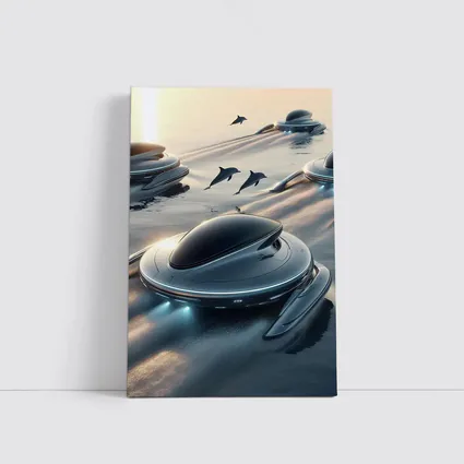 Futuristic Pods Dolphins Golden Ocean Sunset