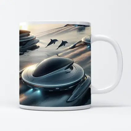 Futuristic Pods Dolphins Golden Ocean Sunset