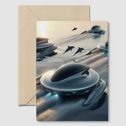 Futuristic Pods Dolphins Golden Ocean Sunset