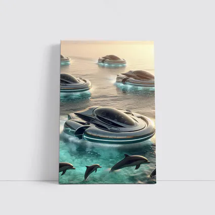 Futuristic Hovercrafts Flying Over Turquoise Ocean