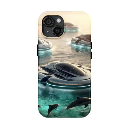 Futuristic Hovercrafts Flying Over Turquoise Ocean