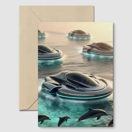 Futuristic Hovercrafts Flying Over Turquoise Ocean