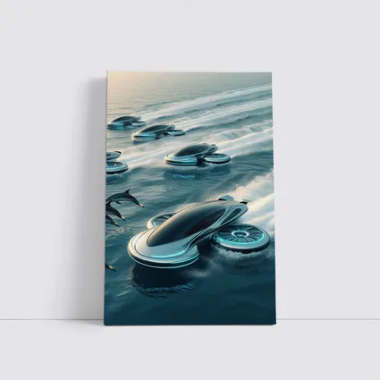 Futuristic Hover Vehicles Racing Over Ocean