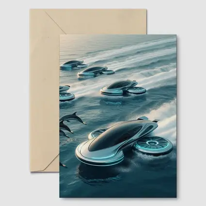 Futuristic Hover Vehicles Racing Over Ocean