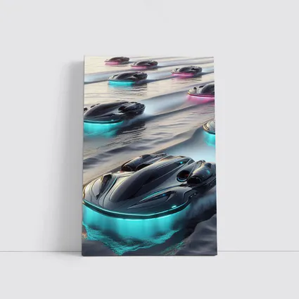 Futuristic Glowing Hovercrafts Racing Over Water