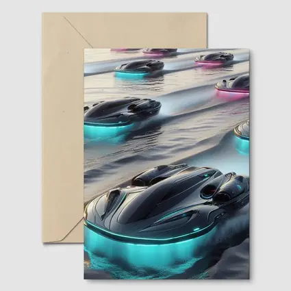 Futuristic Glowing Hovercrafts Racing Over Water