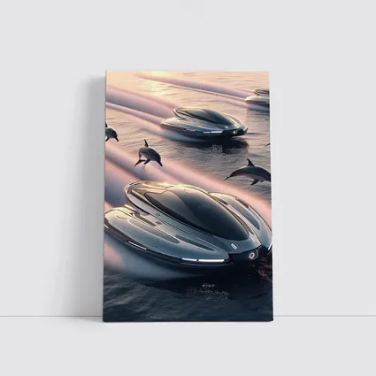 Futuristic Boats Racing With Dolphins At Sunset