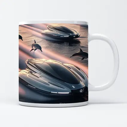 Futuristic Boats Racing With Dolphins At Sunset