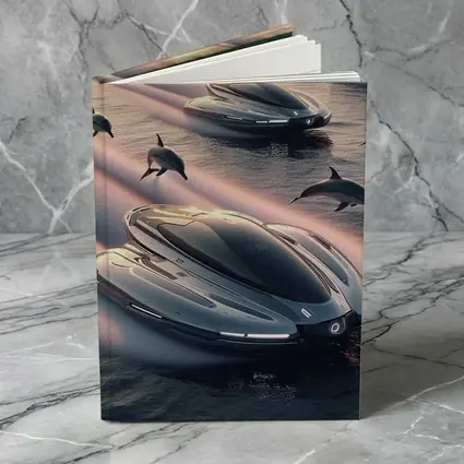 Futuristic Boats Racing With Dolphins At Sunset
