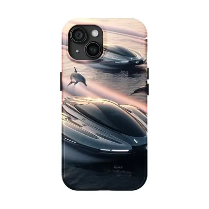 Futuristic Boats Racing With Dolphins At Sunset