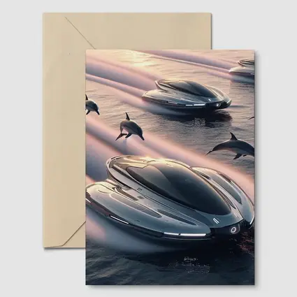 Futuristic Boats Racing With Dolphins At Sunset