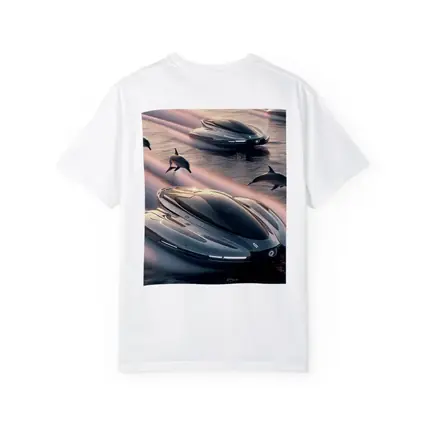 Futuristic Boats Racing With Dolphins At Sunset