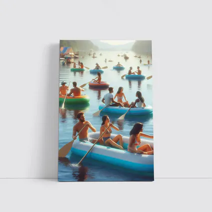 People Paddling Inflatable Rafts on Lake
