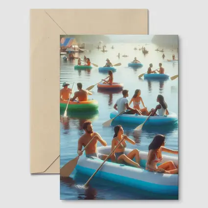 People Paddling Inflatable Rafts on Lake