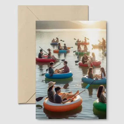 Friends Kayaking on Calm Sunset Lake