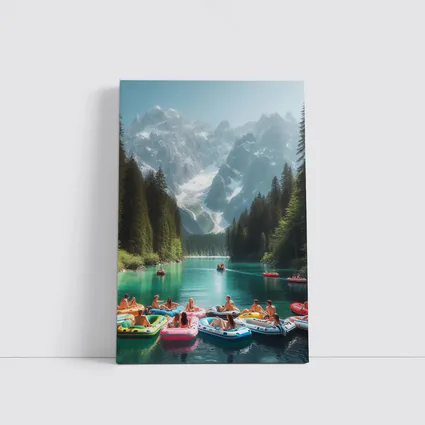 People on Colorful Rafts Mountain Lake