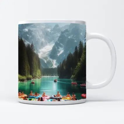 People on Colorful Rafts Mountain Lake