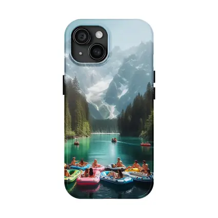People on Colorful Rafts Mountain Lake