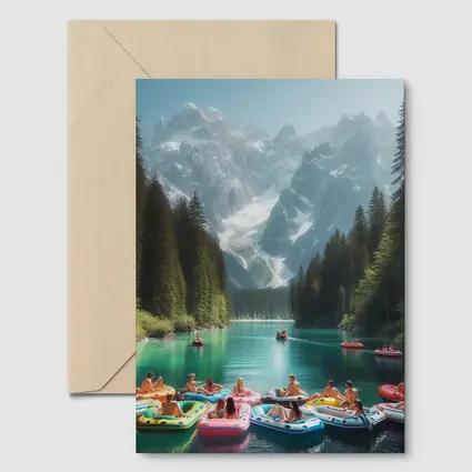 People on Colorful Rafts Mountain Lake