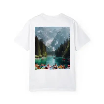 People on Colorful Rafts Mountain Lake