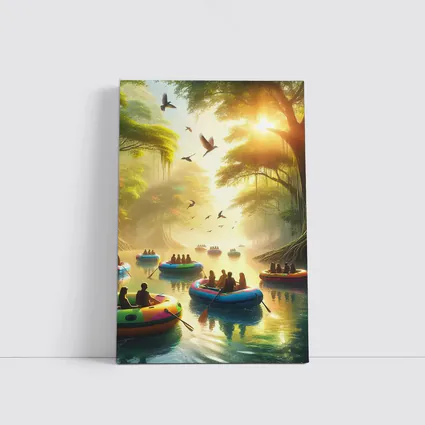 People Rafting Colorful Boats Misty Forest River